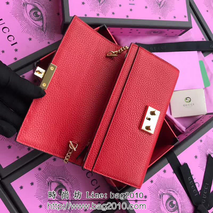 GUCCI古馳 歐洲正品原單 padlock系列 最新二折款 爆款鏈條皮夾 453506 大紅摔紋全皮 WTG1359